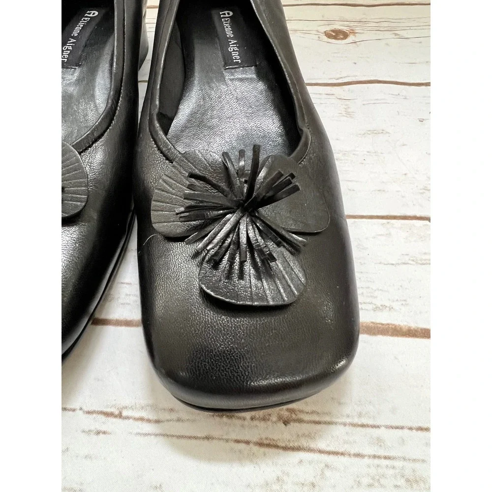 Etienne Aigner Gardener Flats Black Leather Floral Tassel Square Toe 10M